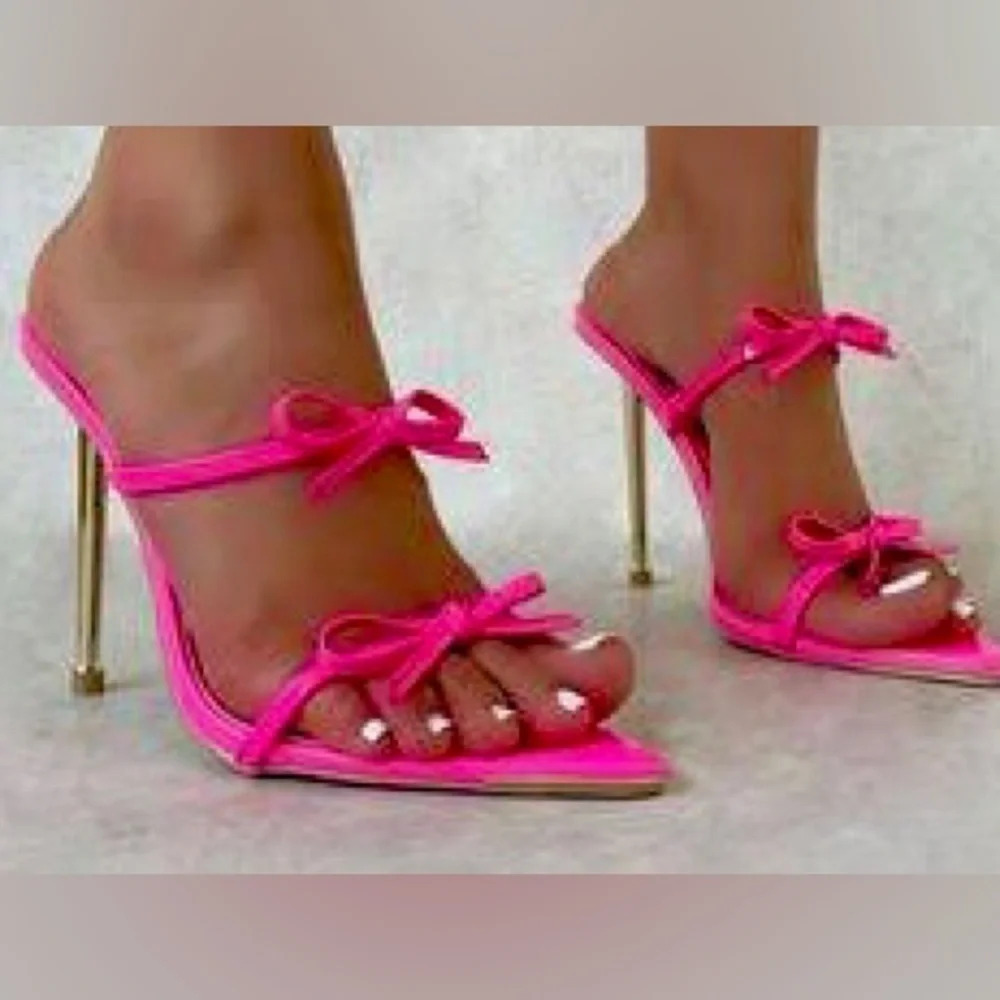 SIMMI High Heels Bowknot Neon Pink Patent Sandals Stiletto Mules Shoe Size 8. - Picture 2 of 8